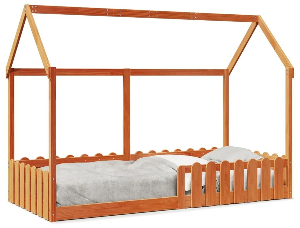 Cama infantil formato casa 90x200 cm pinho maciço castanho-mel