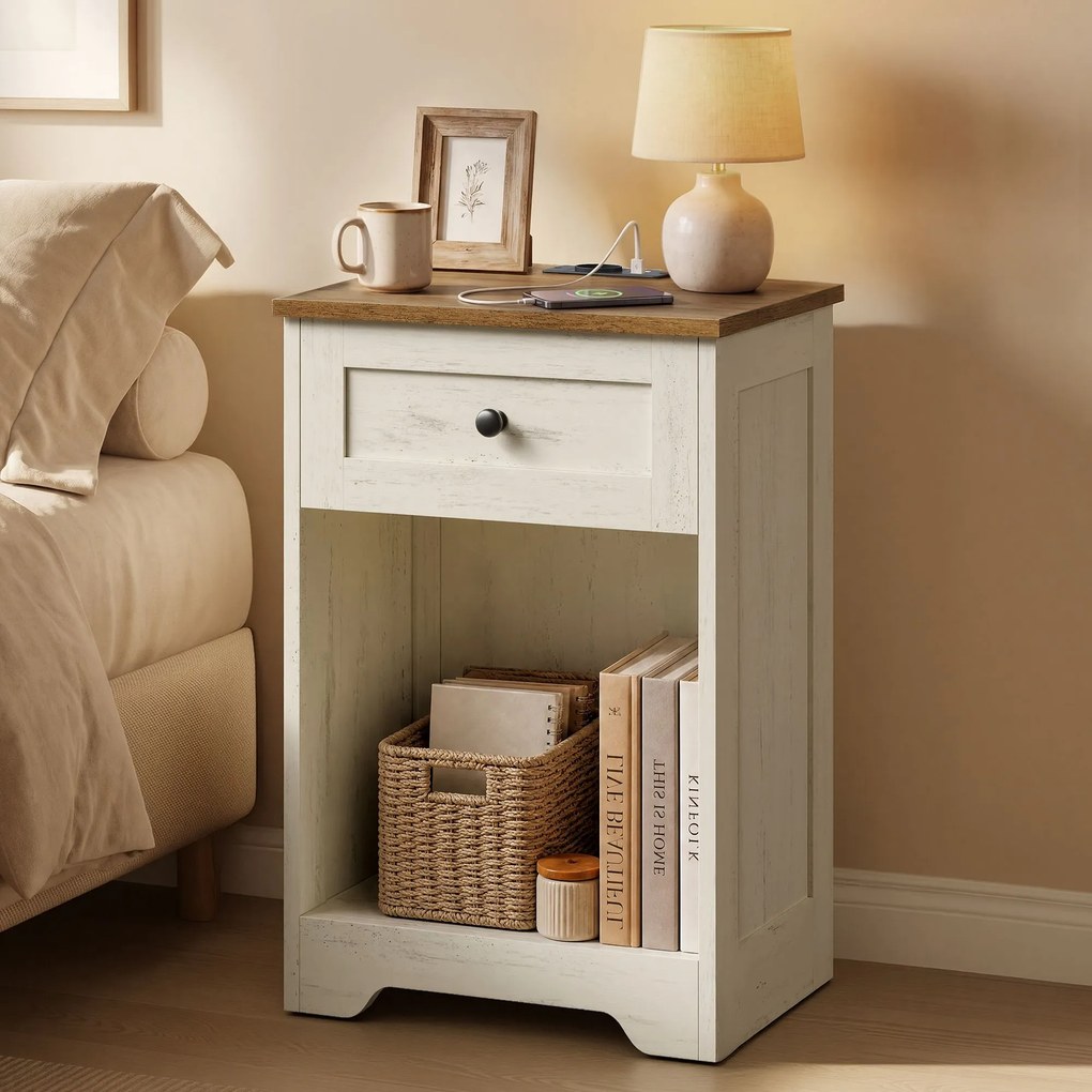 Mesa de cabeceira com tomada, portas USB e gaveta, 40 x 30 x 59 cm, branco e castanho