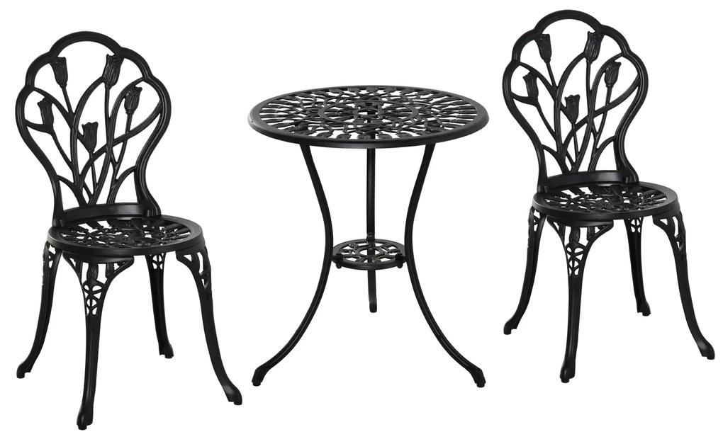 Outsunny Conjunto de Mesa e Cadeiras de Exterior 3 Peças de Alumínio com Encosto com Padrão de Tulipa e Mesa com Orifício para Chapéu de Sol Preto | Aosom Portugal