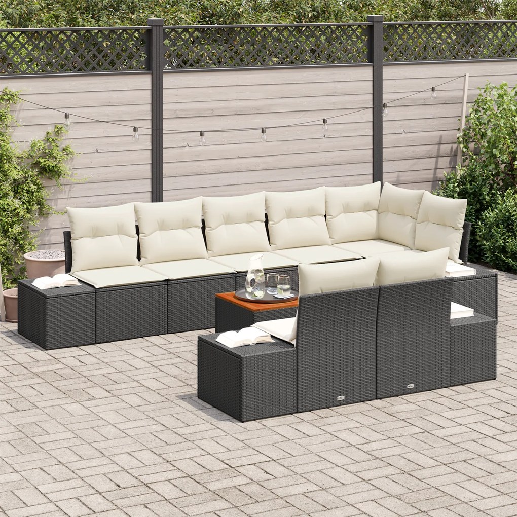 Conjunto de Sofá Jardim de 9 Peças com Almofadas Preto Rattan Poliéste