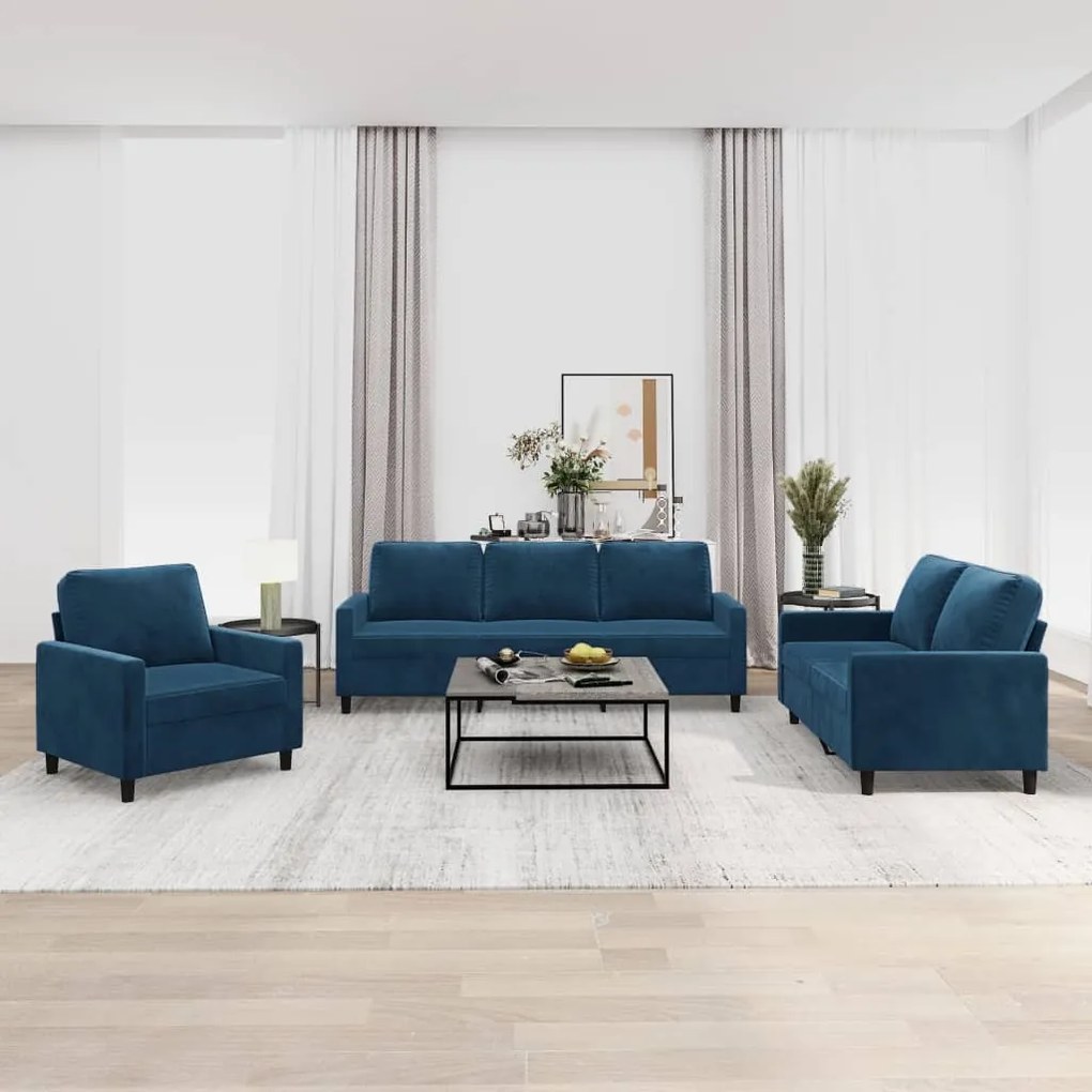 vidaXL 3 pcs conjunto de sofás com almofadões veludo azul