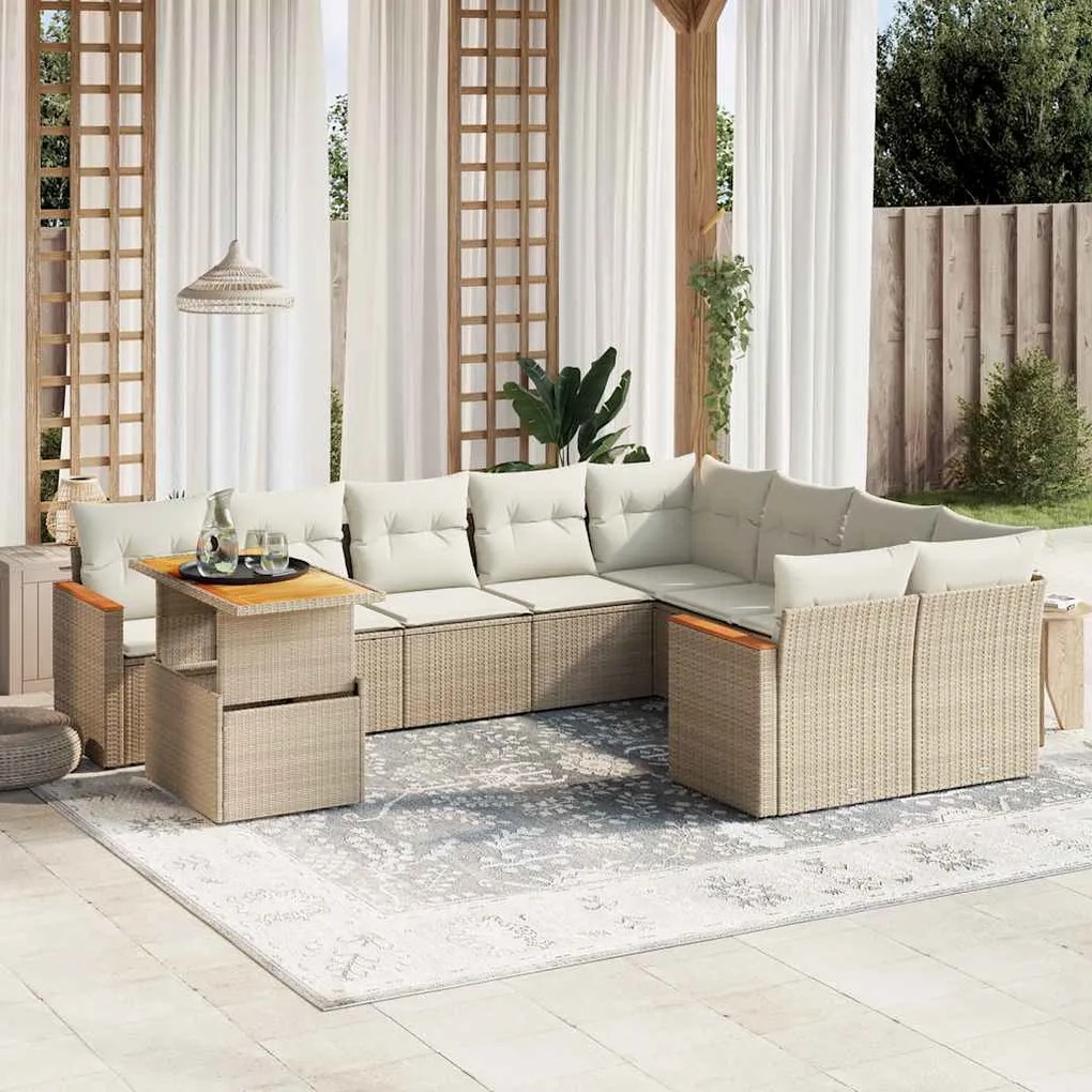 10 pcs conjunto de sofás p/ jardim com almofadões vime PE bege