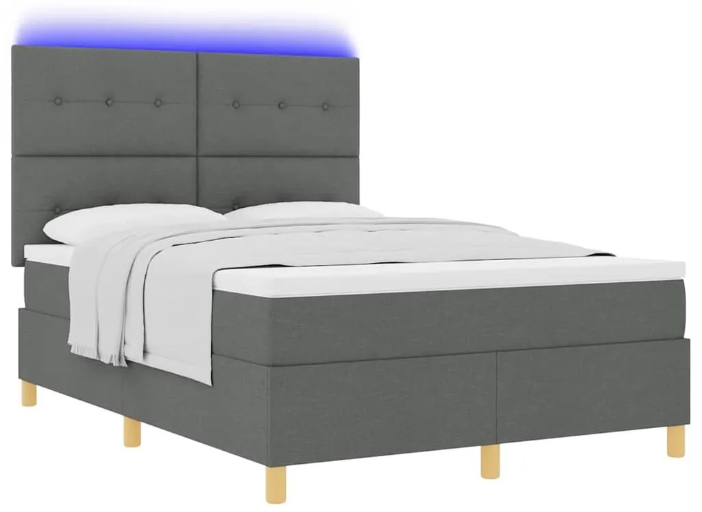 Cama com Box Spring com Colchão &amp; LED Cinza Escuro 160x200 cm Tecido