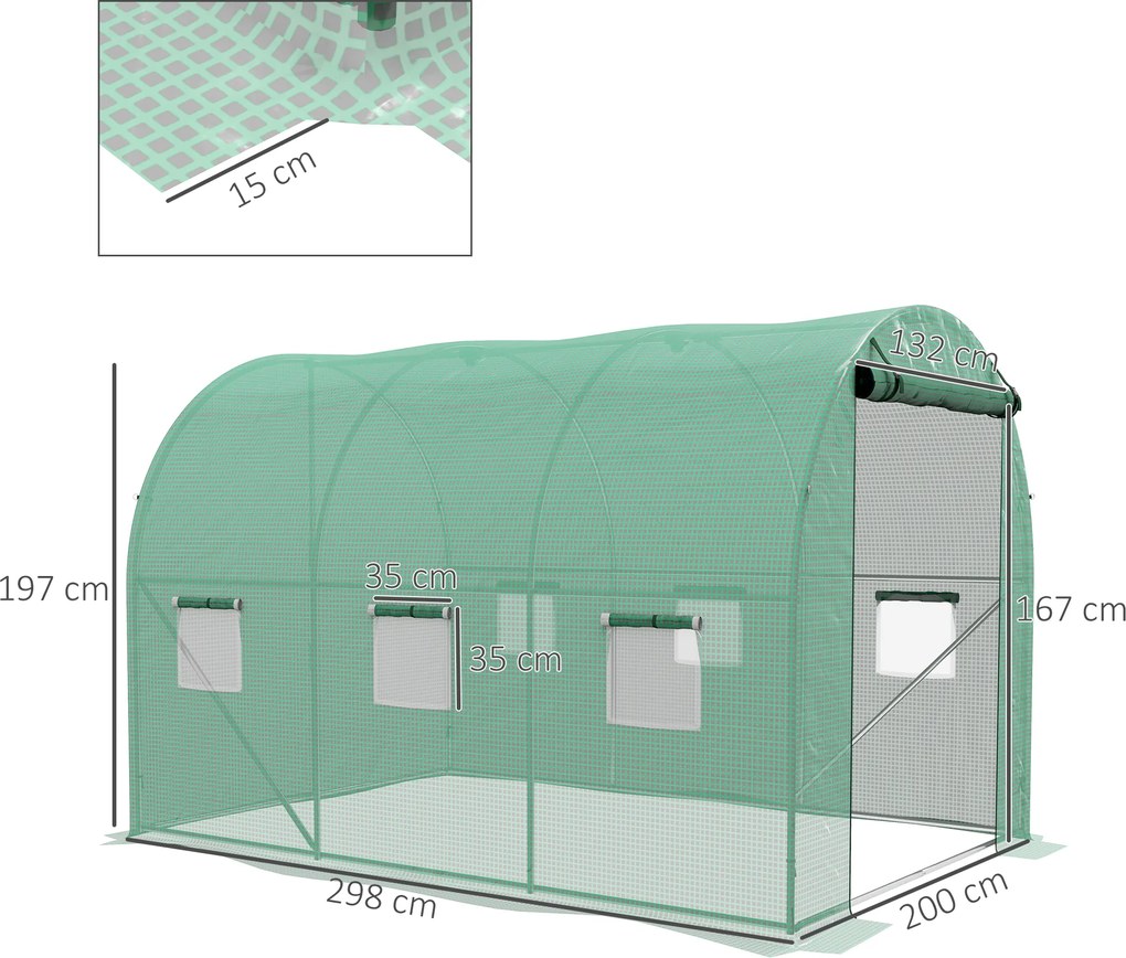 Estufa de jardim em forma de túnel 298 x 200 x 197 com 6 m², com sistema de rega integrado, 3 m de comprimento x 2 m de largura, 6 janelas, porta enr