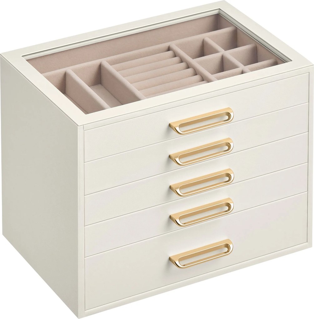 Caixa para joias em MDF 24 x 17,2 x 18,4 cm com tampa de vidro e cinco compartimentos, Branco creme