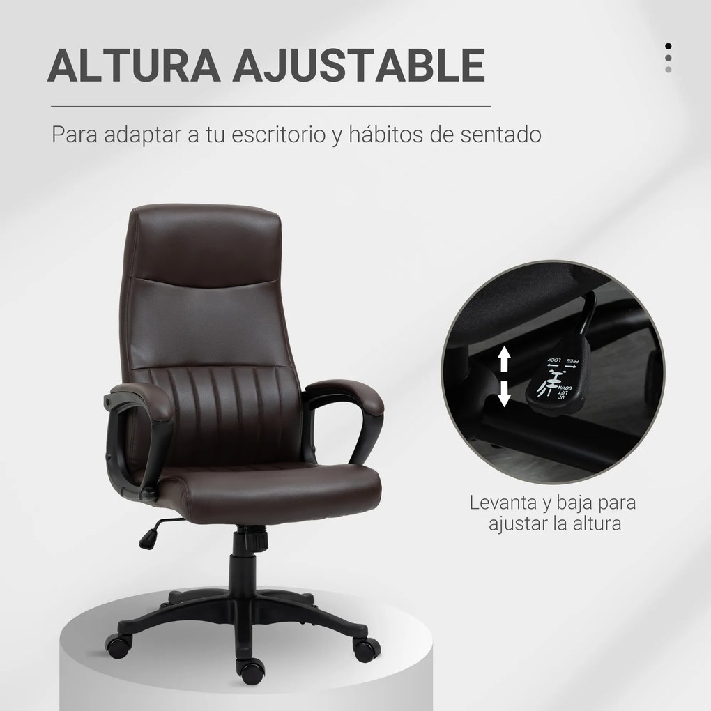 Vinsetto Cadeira de Escritório Ergonômica Cadeira de Escritório Basculante e Giratória 360° com Altura Ajustável Encosto Alto e Apoio para os Braços Pele Sintética 61,5x66x113-123cm Marrom