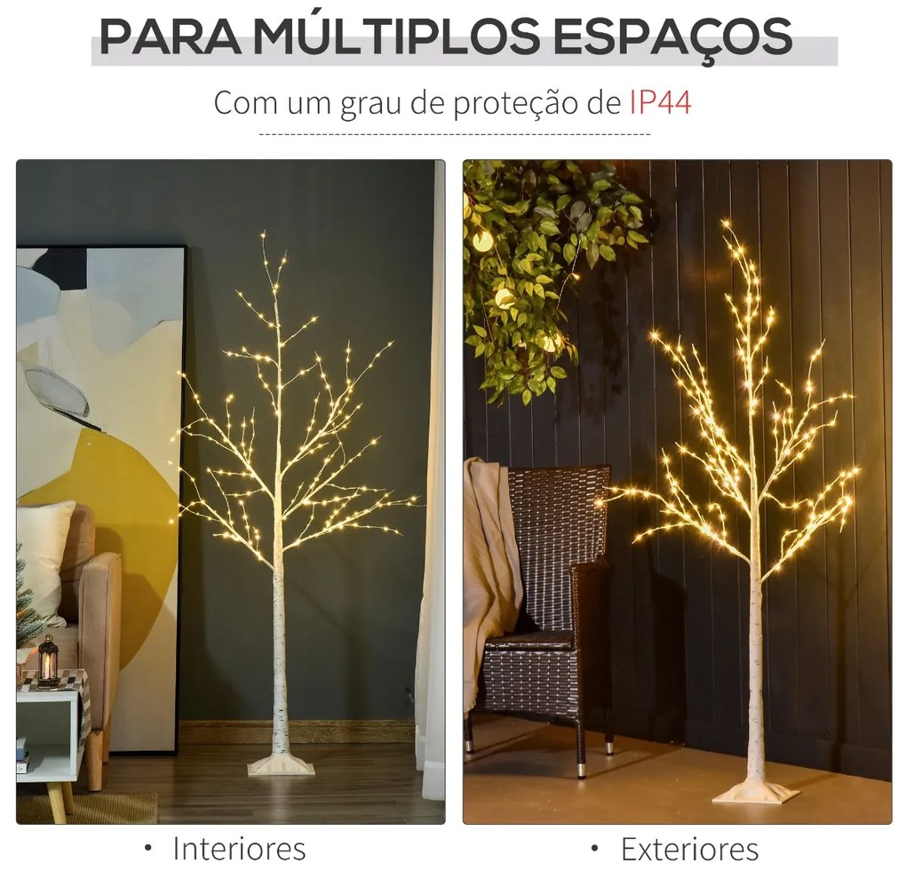 Árvore de Bétula 150cm de Altura com 210 Luzes LED em Branco Quente Ramos Flexíveis e Base para Decoração de Festas Aniversários Casamentos 20x20x150c