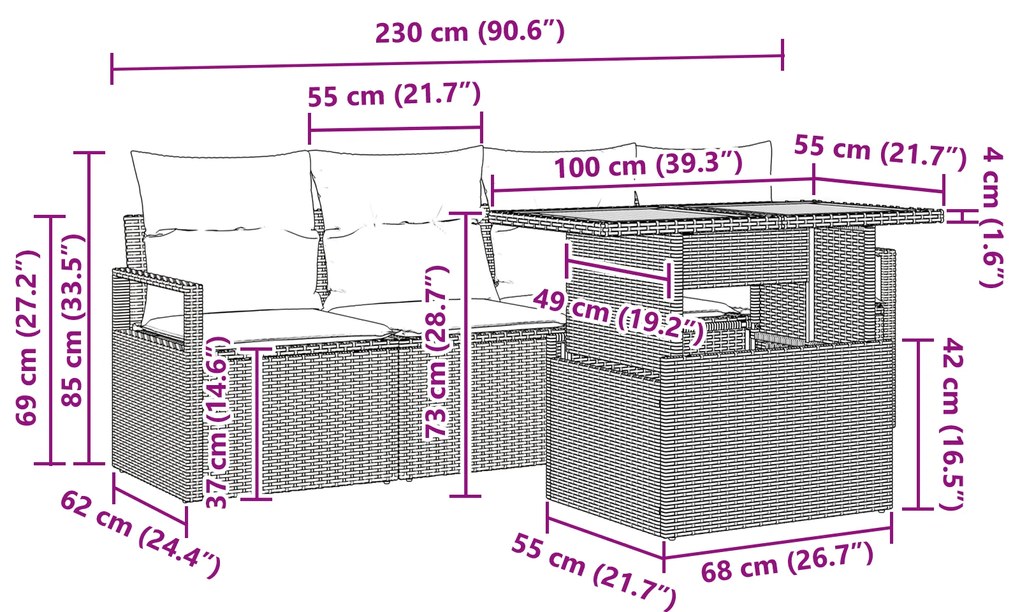 Conjunto de Sofá de Jardim vidaXL 5 Peças com Almofadas Preto Vime PE