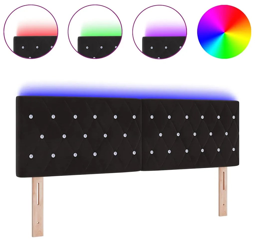 Cabeceira LED com botão de cristal, estofada em veludo preto, 80 cm