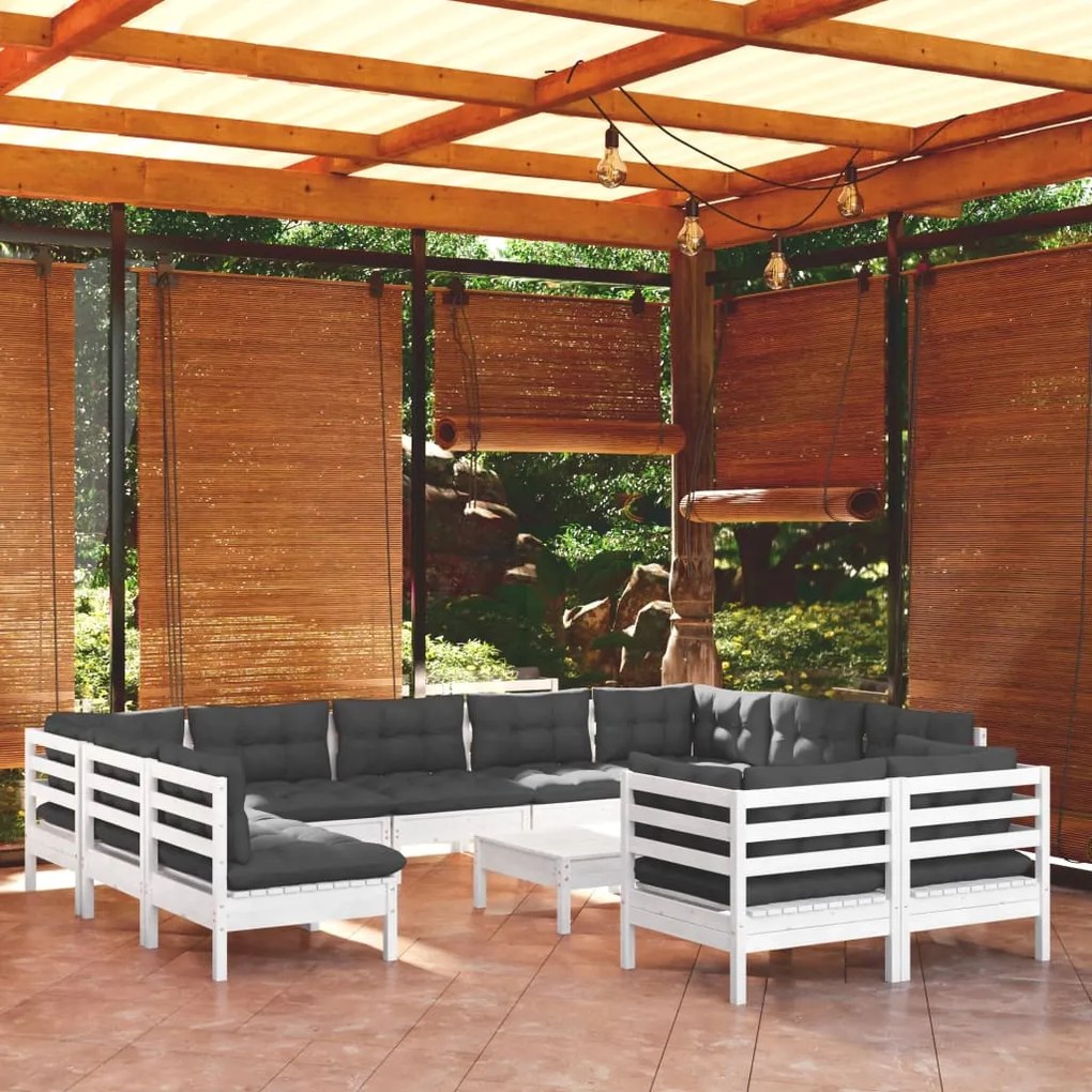 vidaXL 12 pcs conj. lounge de jardim c/ almofadões pinho maciço branco