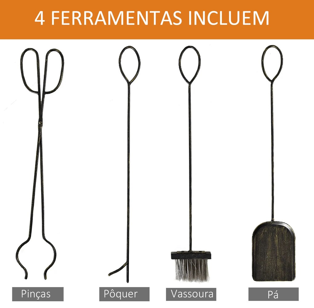 Suporte para Lenha de Ferro Forjado de 2 Níveis com 4 Ferramentas para Interior e Exterior 51,5x33x77 cm Preto e Dourado