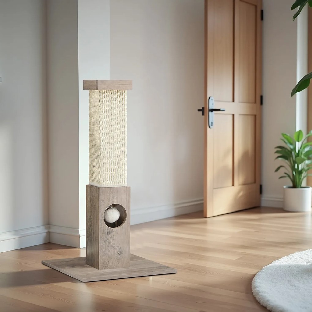 Arranhador para gatos em corda de sisal natural com bola de pelúcia 38 x 38 x 73 cm greige