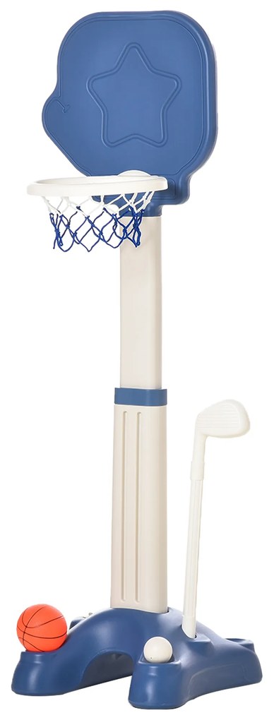 Cesta de Basquetebol 2 em 1 Jogo de Golf para Crianças acima de 2 Anos Aro com Altura Ajustável de 83-120cm Bolas e Taco de Golf 46x41x116-153cm Azul