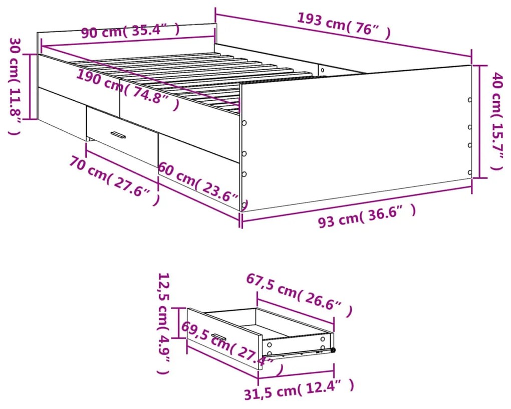 Estrutura cama c/ gavetas 90x190 cm derivados de madeira branco