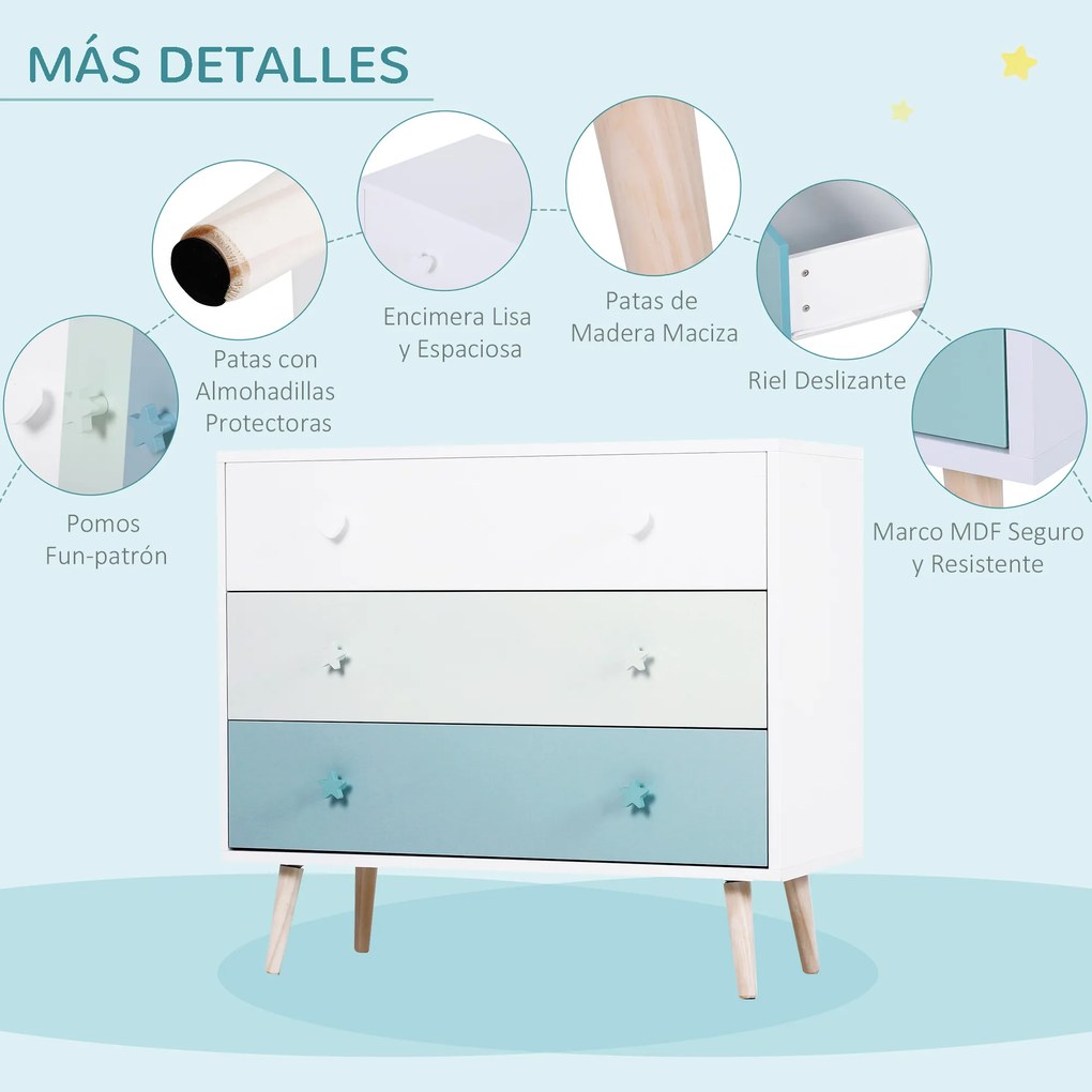 HOMCOM Cômoda Infantil com 3 Gavetas Ármario com Pernas de Madeira para Roupas ou Brinquedos de Pinho e MDF Cor Azul 90x42x80 cm