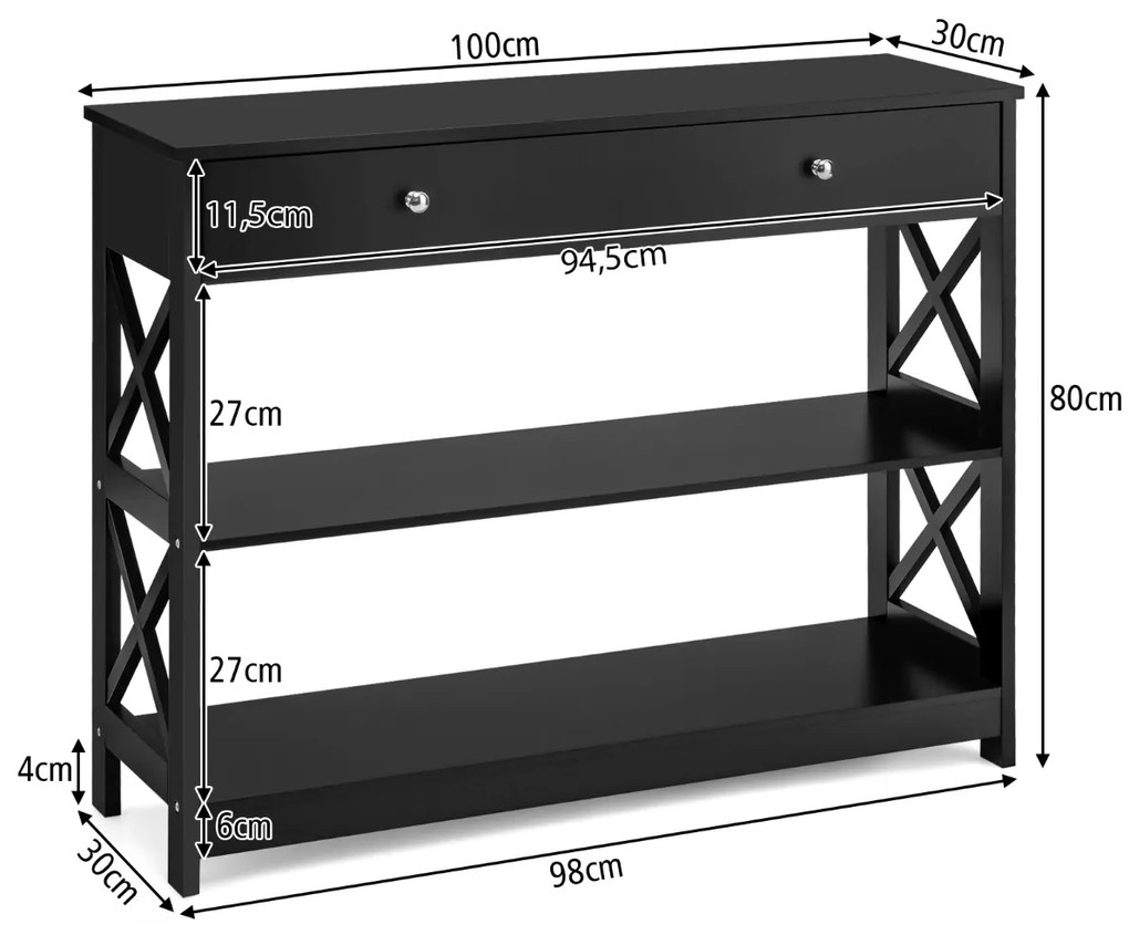 Mesa consola com gaveta Mesa lateral de 3 níveis com prateleiras Moderno corredor de entrada estreito Espaços pequenos 100 x 30 x 80 cm Preta