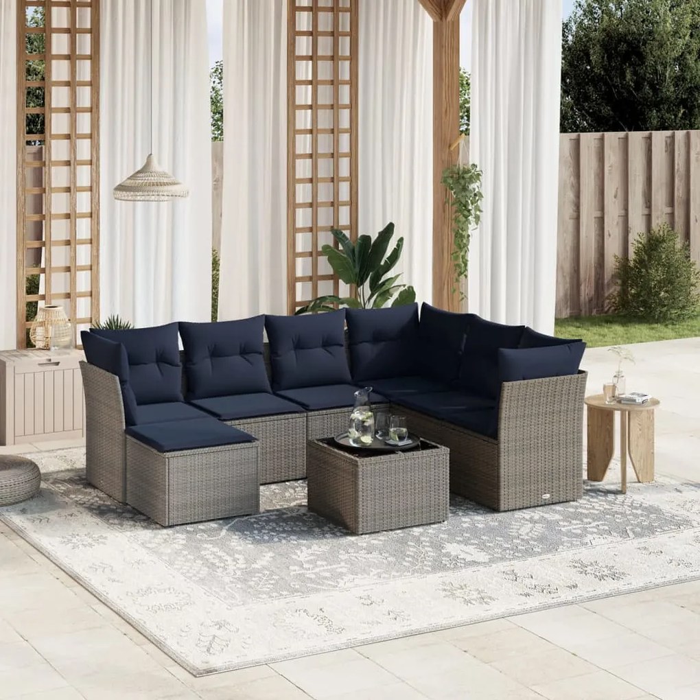 vidaXL 8 pcs conjunto sofás p/ jardim c/ almofadões vime PE cinzento