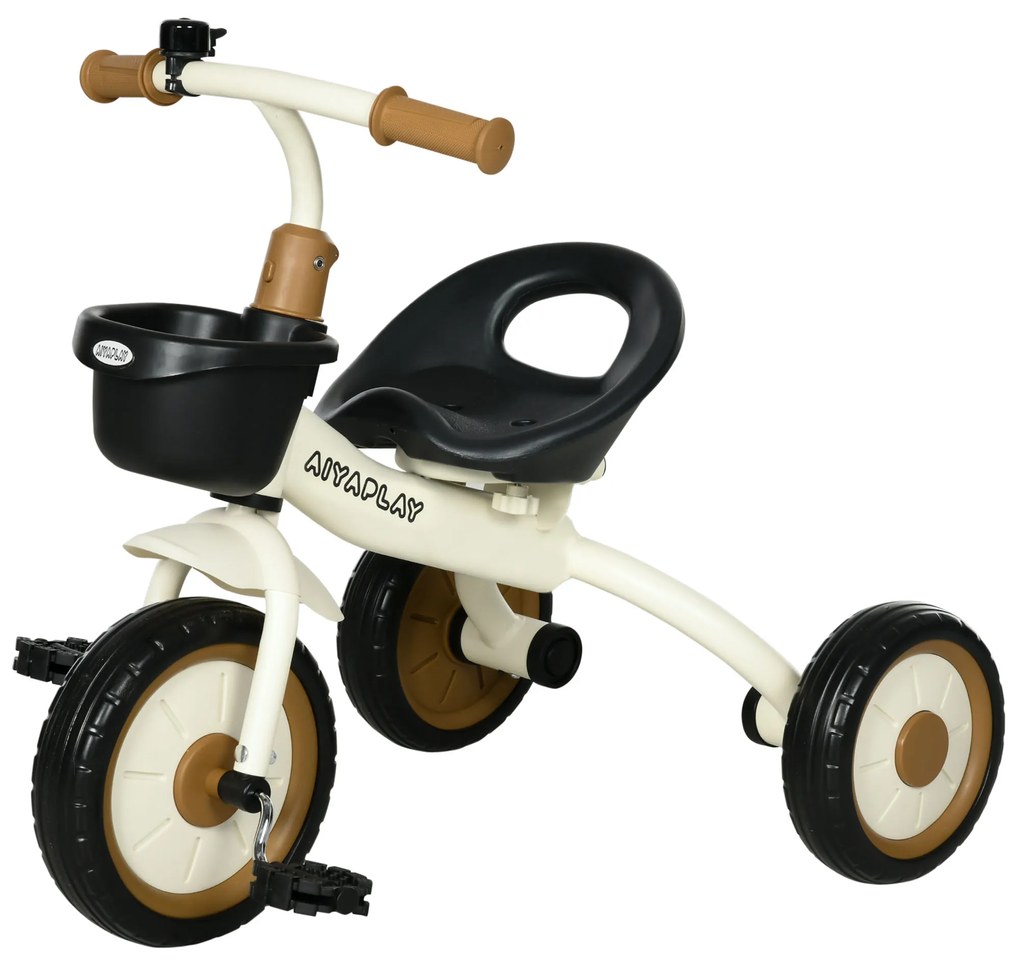 AIYAPLAY Triciclo para Crianças de 2 a 5 anos com Assento Ajustável Cesta Buzina e Pedais e 3 Rodas 70,5x50x58 cm Bege | Aosom Portugal