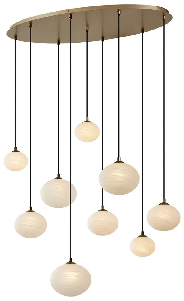 Candeeiro suspenso Art Deco dourado com vidro opalino 9 luzes - Yani Art Deco