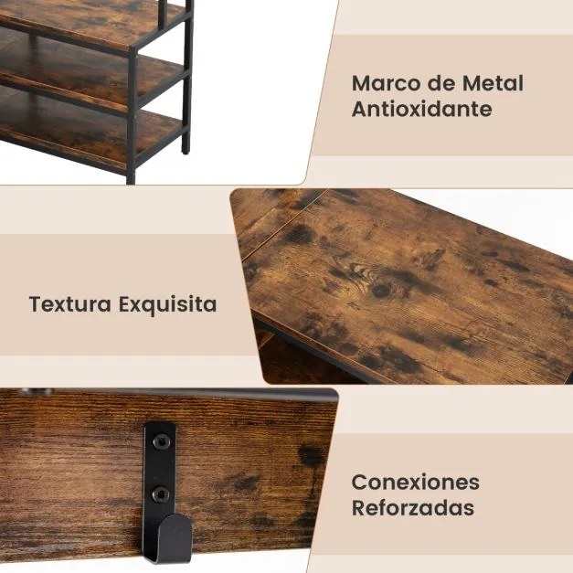 Cabide Guarda roupa aberto de canto com prateleiras abertas e ganchos Banco para sapatos Estrutura metálica sólida 90 x 90 x 178 cm Castanho rústica