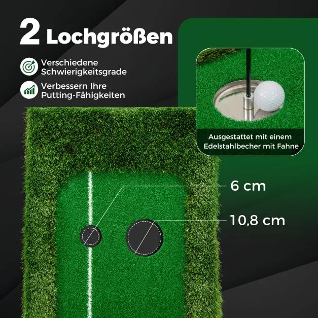 Tapete de golfe de 300 cm, tapete de treino de golfe com 3 bolas de golfe e 2 tamanhos de buracos, dobrável Verde