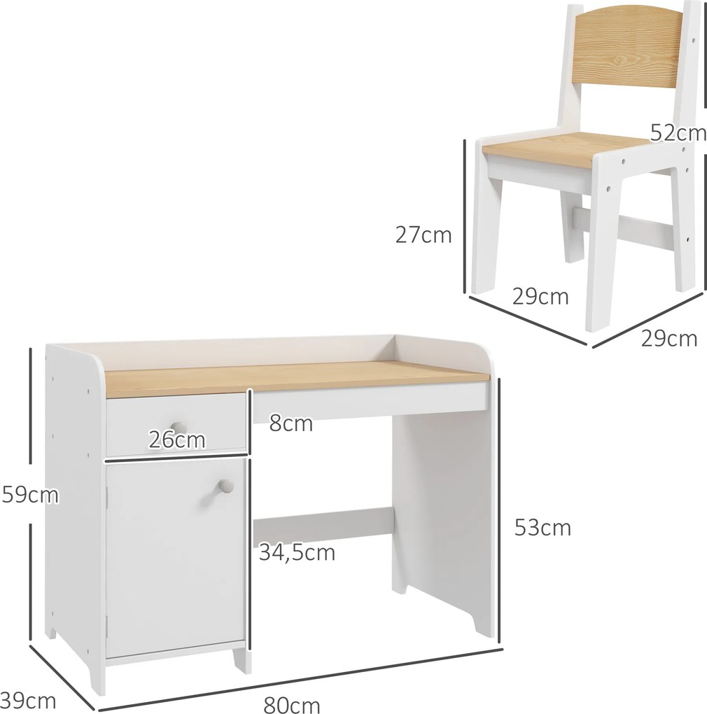 Conjunto de 2 Peças de Secretária Infantil e Cadeira, 80 x 39 x 59 cm, Arrumação Ampla, Branco