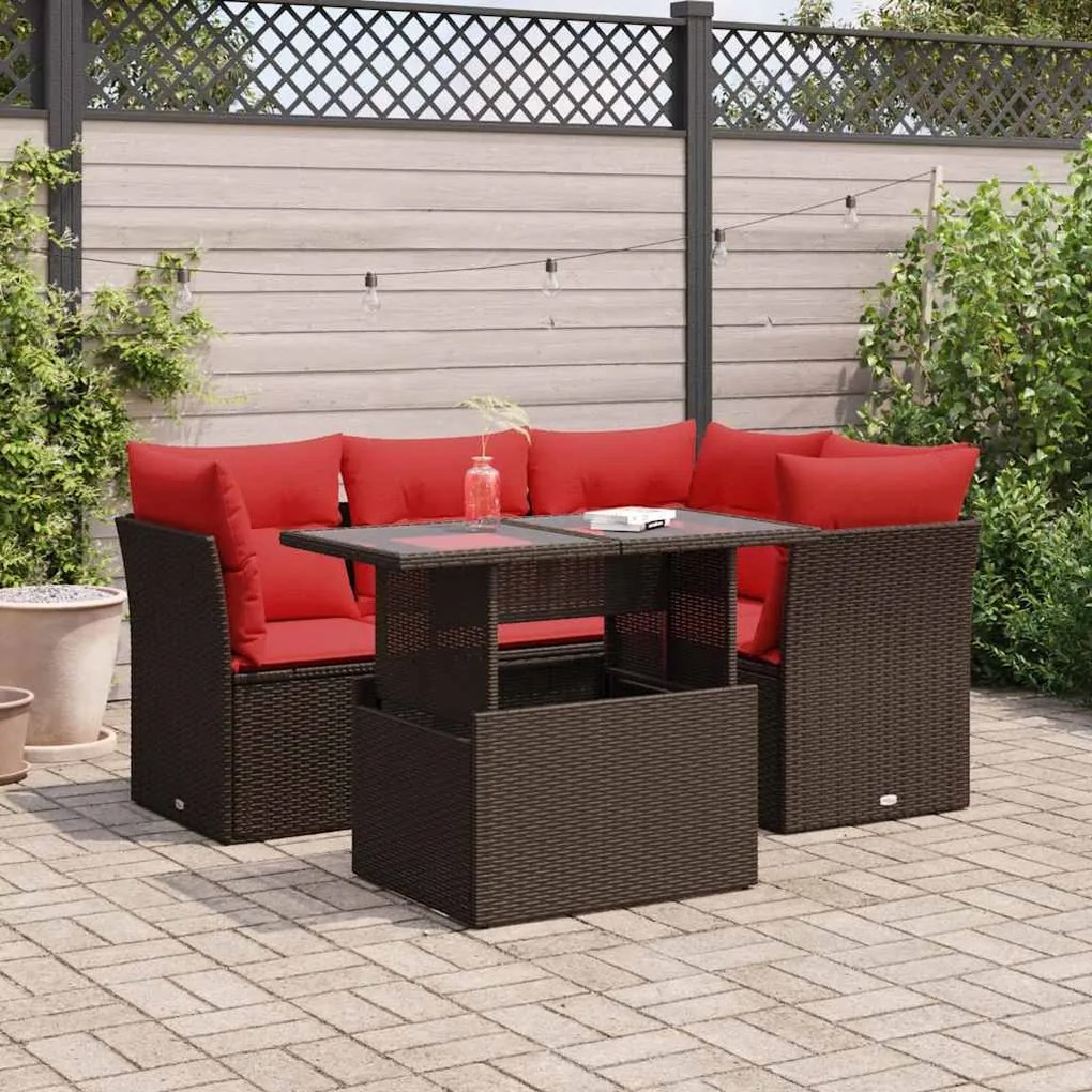 vidaXL 5 pcs conj. sofás jardim c/ almofadões vime PE/acácia castanho
