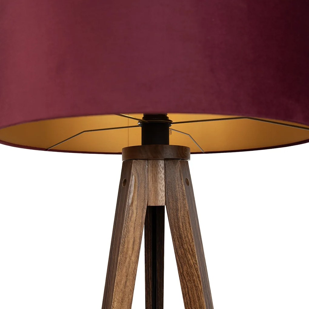 Candeeiro de Pé Tripé em Madeira de Nogueira com Abajur Vermelho e Interior Dourado 50cm - Tripod Classic