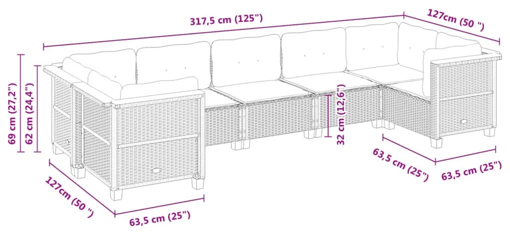 7 pcs conjunto sofás p/ jardim c/ almofadões vime PE cinzento