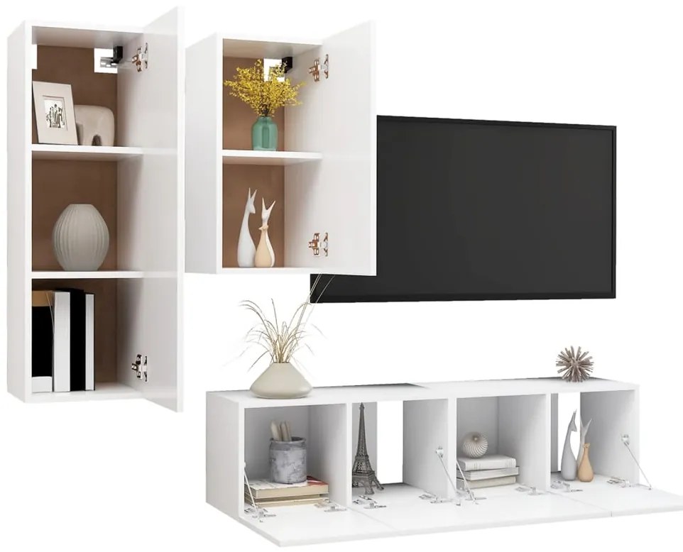 4 pcs conjunto de móveis de TV derivados de madeira branco