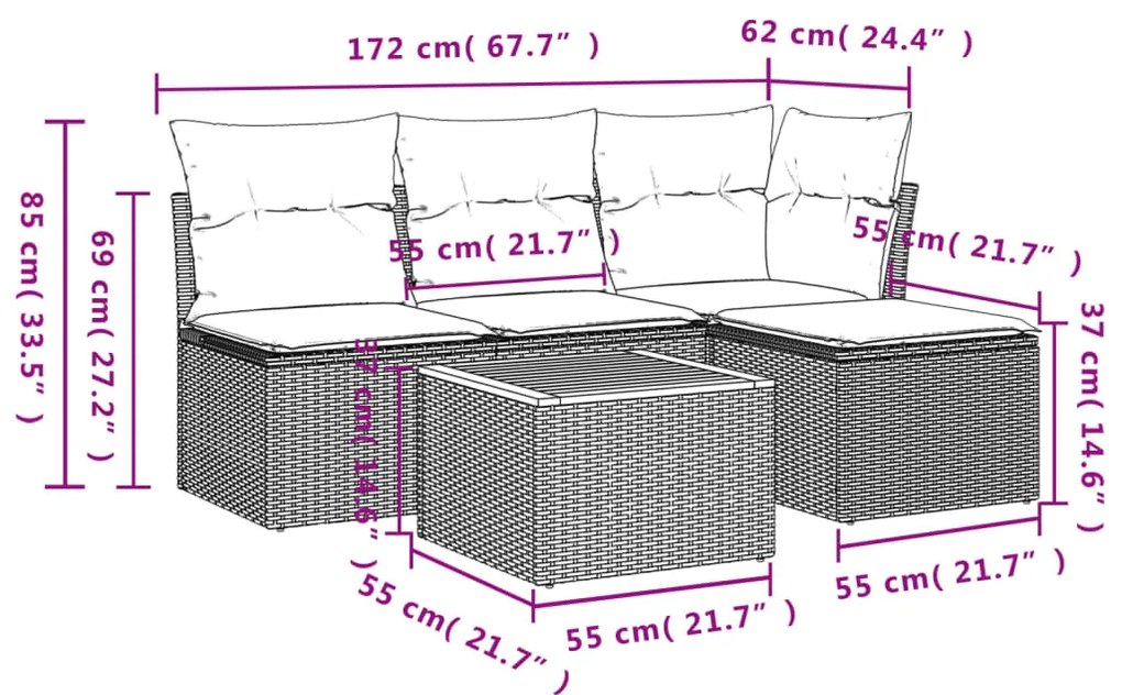 5 pcs conjunto sofás de jardim c/ almofadões vime PE cinzento