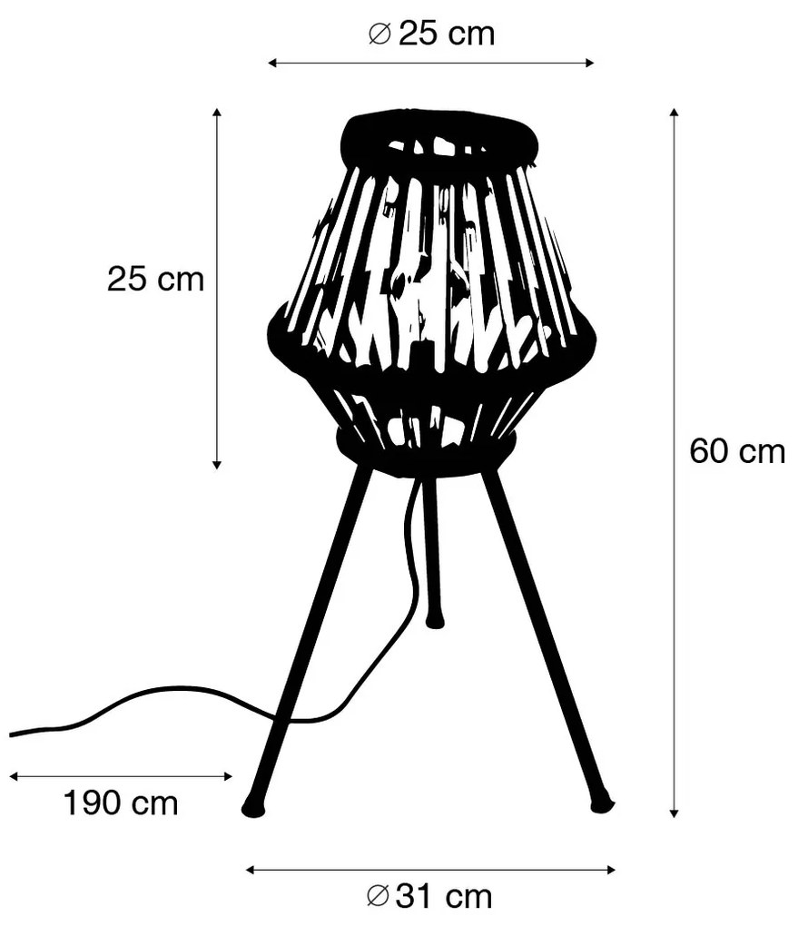 Candeeiro de mesa com tripé rural bambu com preto - Evalin Oriental