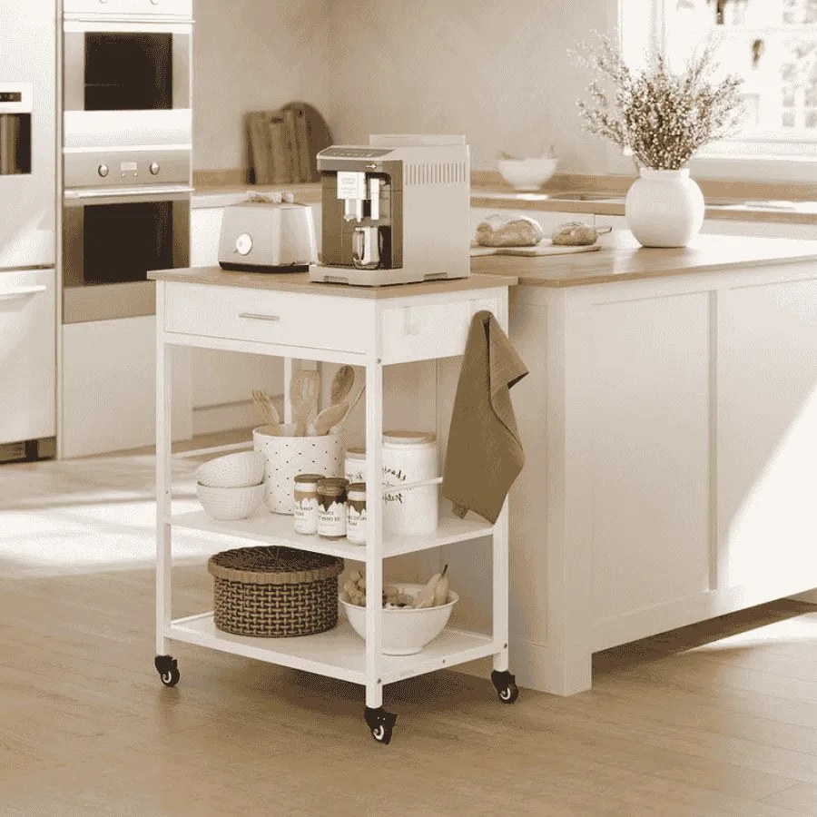 Carrinho de cozinha com rodas 47 x 60 x 90 cm, muito espaço de arrumação, gaveta, ganchos bege carvalho-branco mate