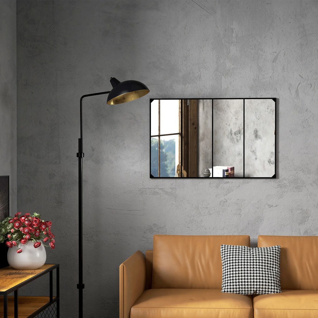 Espelho de parede retangular em vidro estilo industrial, na orientação horizontal ou vertical, com 4 ganchos, em metal preto, 109 x 69 cm