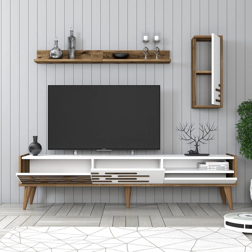 Móvel TV Valensiya – Nogueira e Branco – 180 cm x 35 cm x 45 cm