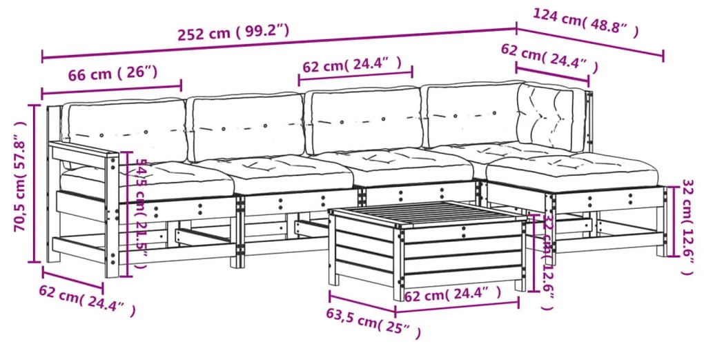 6 pcs conjunto lounge de jardim c/ almofadões pinho impregnado