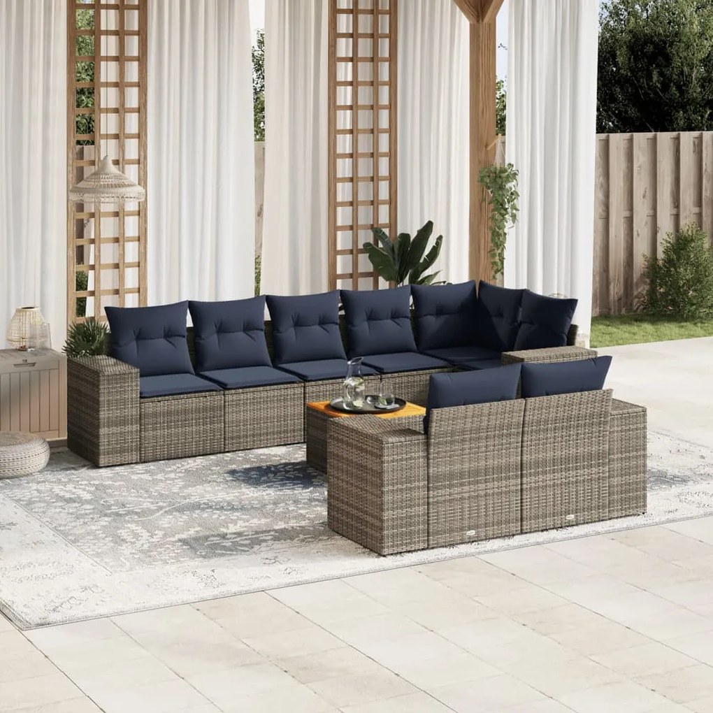 vidaXL 9 pcs conjunto sofás p/ jardim c/ almofadões vime PE cinzento