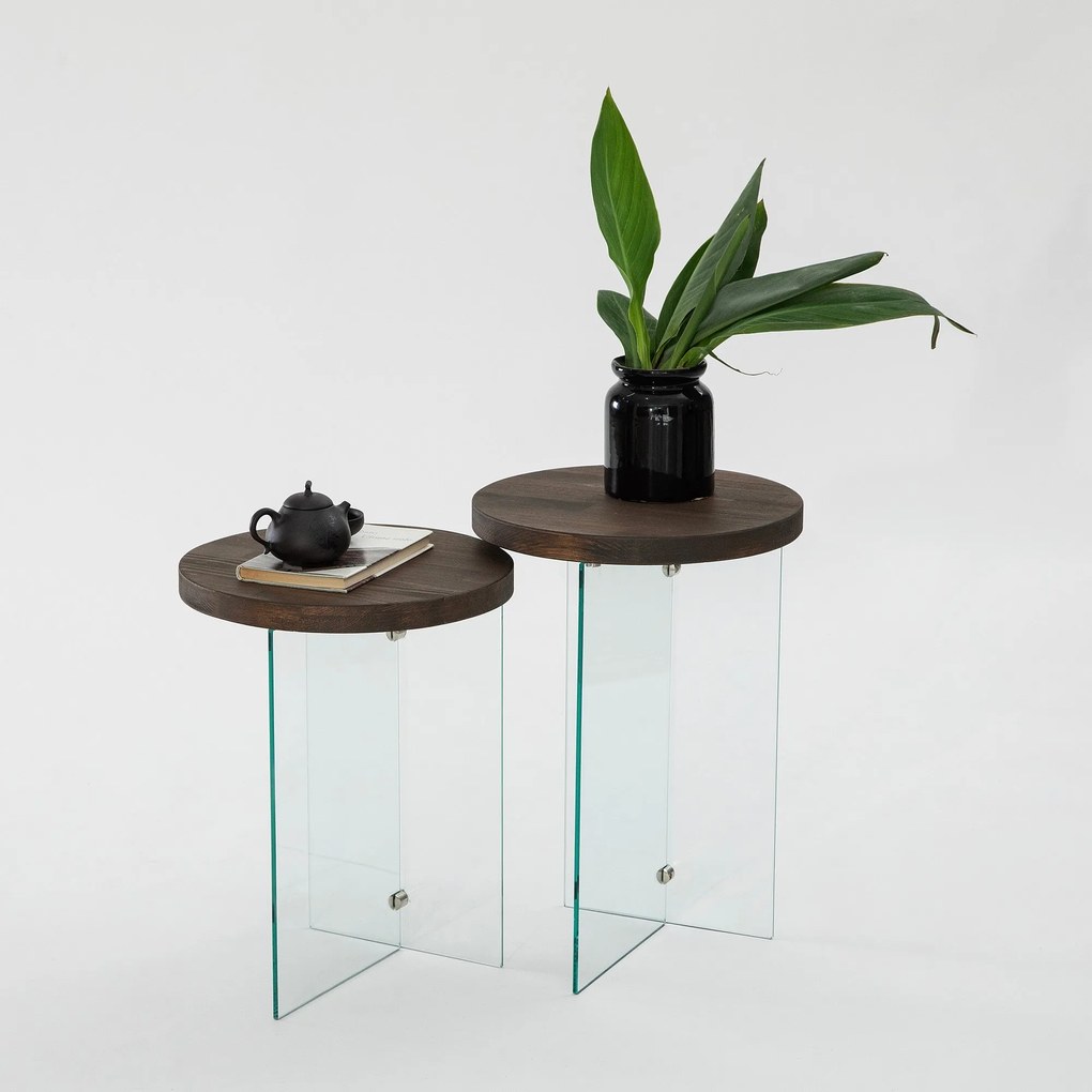 Conjunto de Mesas de Café Serenity – Transparente e Nogueira – 35 cm x