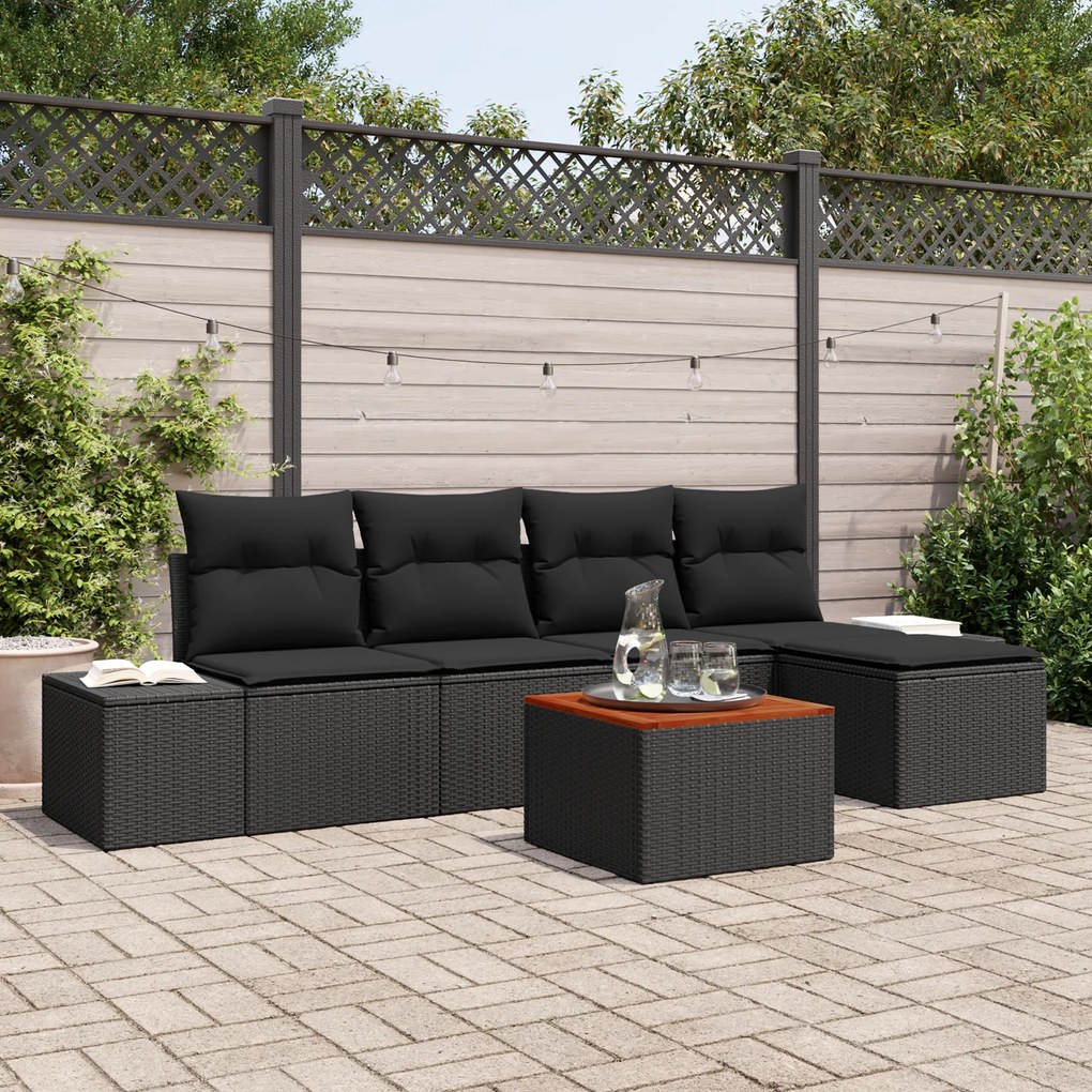 vidaXL Conjunto de Sofá de Jardim 6 Peças com Almofadas Preto Rattan Poliéster Acácia
