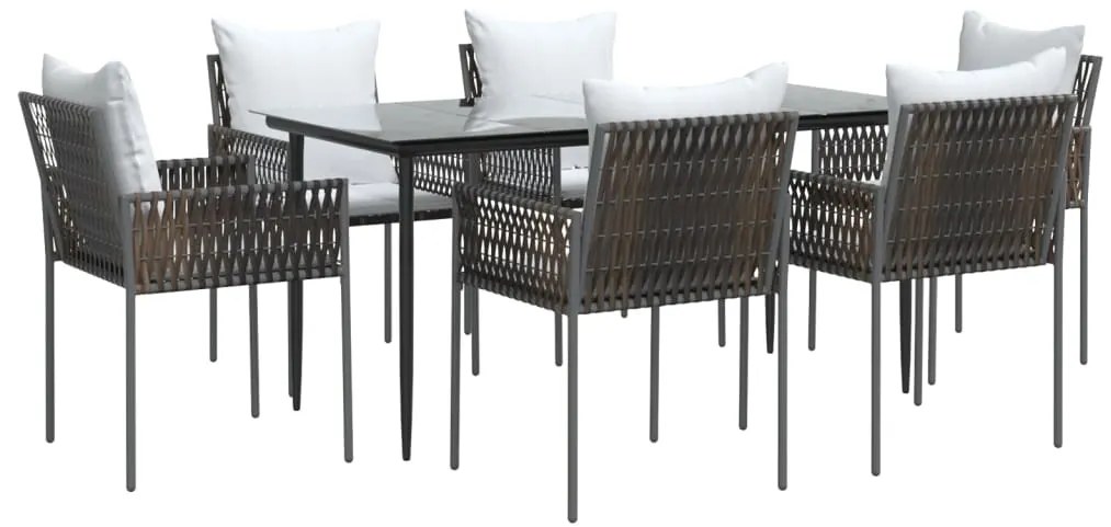 7 pcs conjunto de jantar p/ jardim c/ almofadões vime PE e aço