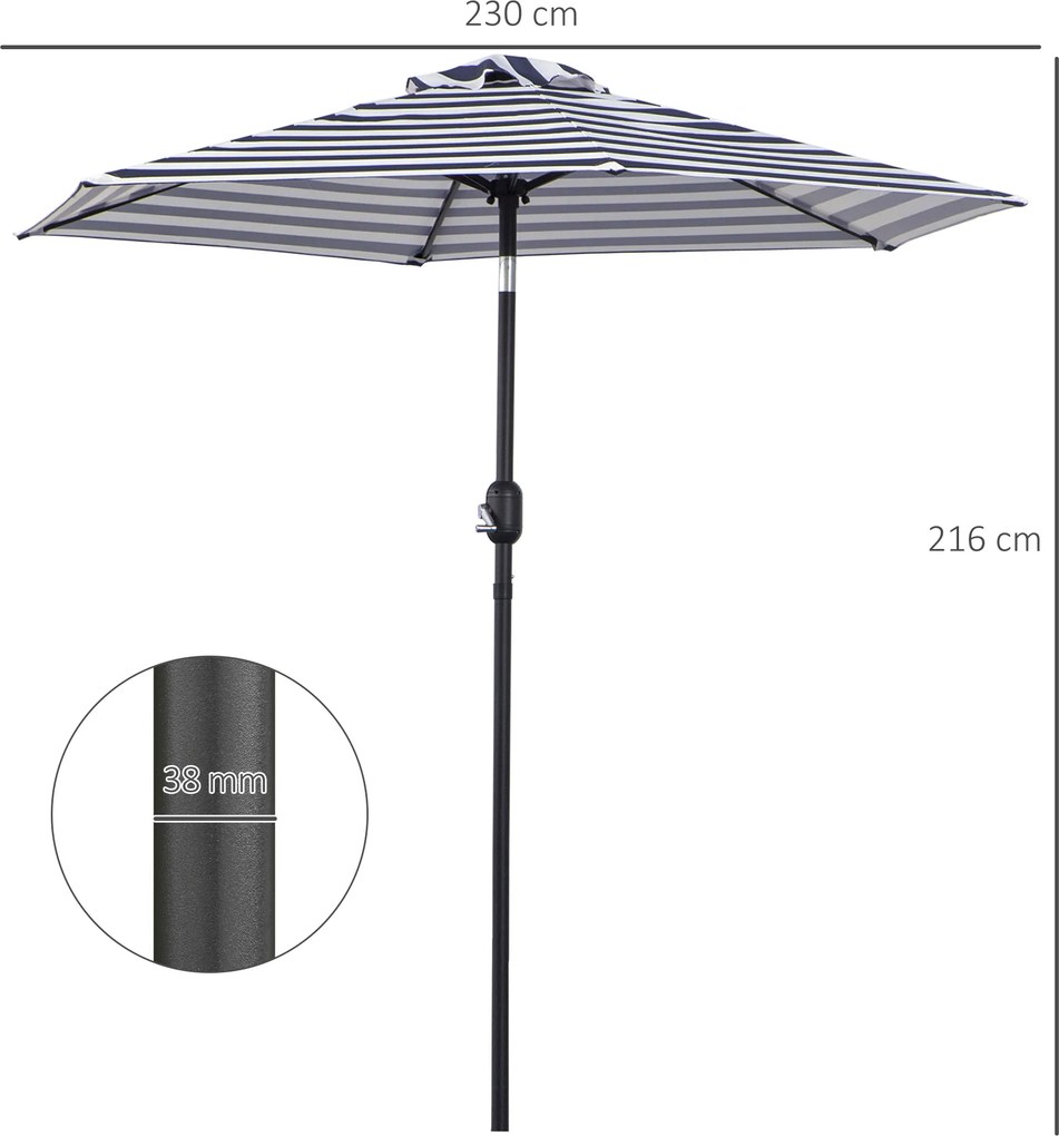 Chapéu de Sol Exterior Ø230 cm com Ângulo Ajustável e Manivela Impermeável Azul e Branco