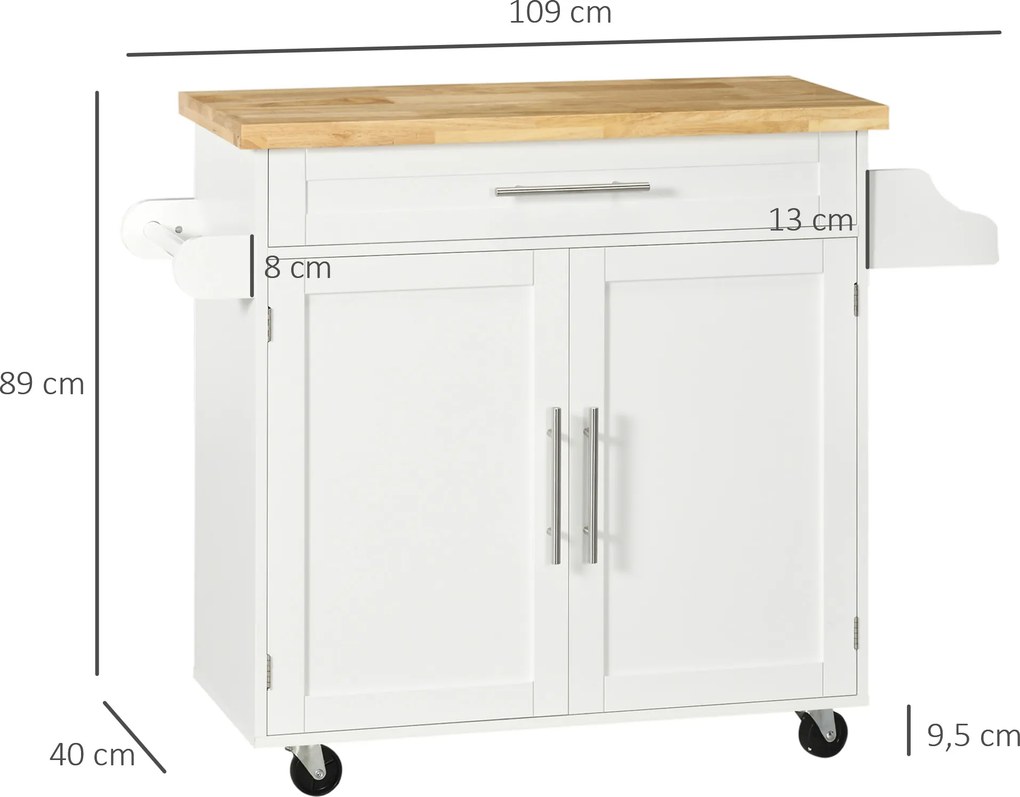 Carrinho de Cozinha com Prateleira Interior Ajustável Gaveta Barra e Suporte para Temperos 109x40x89 cm Branco