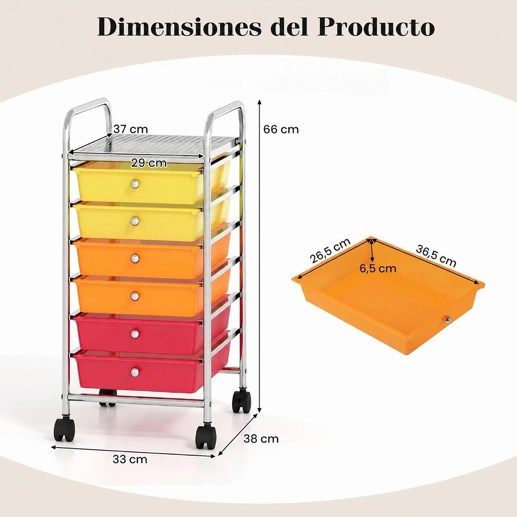 Carrinho de Armazenamento com 6 Gavetas, 33 x 38 x 66 cm, Rodas com Travão, Multicolor
