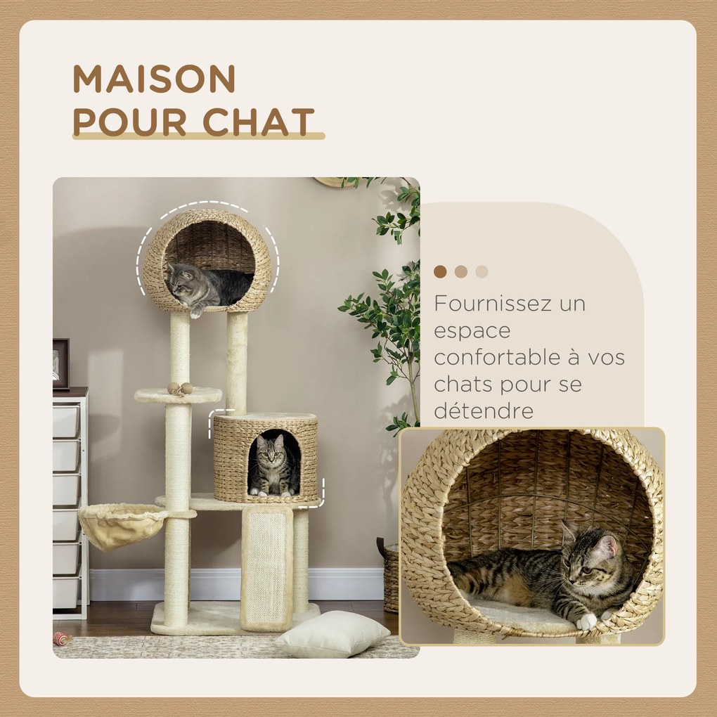 Arranhador para gatos com arranhador de sisal natural, 2 nichos, plataforma, rede e peluche 60 x 60 x 150 cm, bege