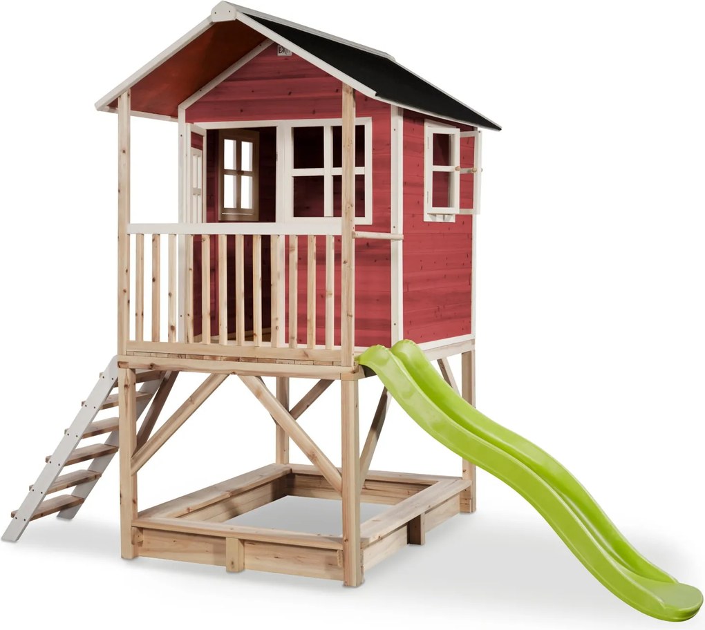 Casa de brincar infantil exterior para crianças Loft 500 em madeira com escorrega e caixa areia - Vermelha