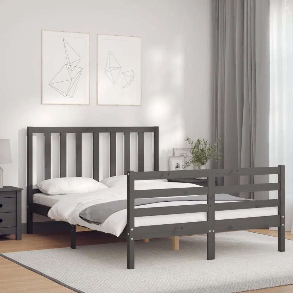 Estrutura de cama com cabeceira 140x190 cm madeira maciça cinza