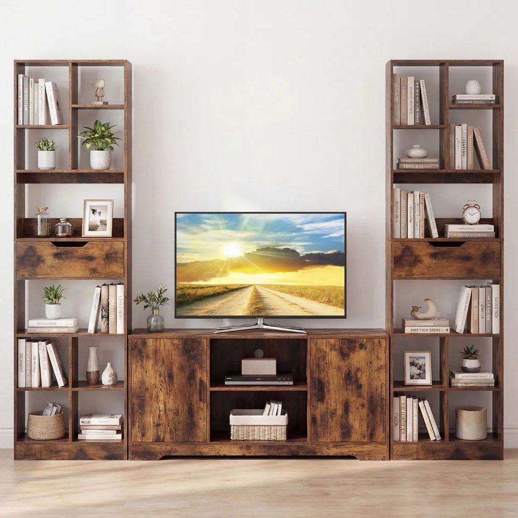 Estante de 50 x 24 x 180 cm com gaveta, 10 cubos, 2 protetores anti-tombamento e almofadas antiderrapantes para sala, escritório ou estúdio, em castan