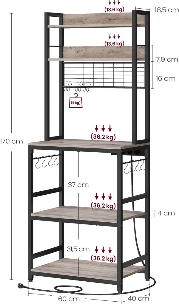 Armario de cozinha com tomadas e 14 ganchos 40 x 60 x 170 cm greige-preto