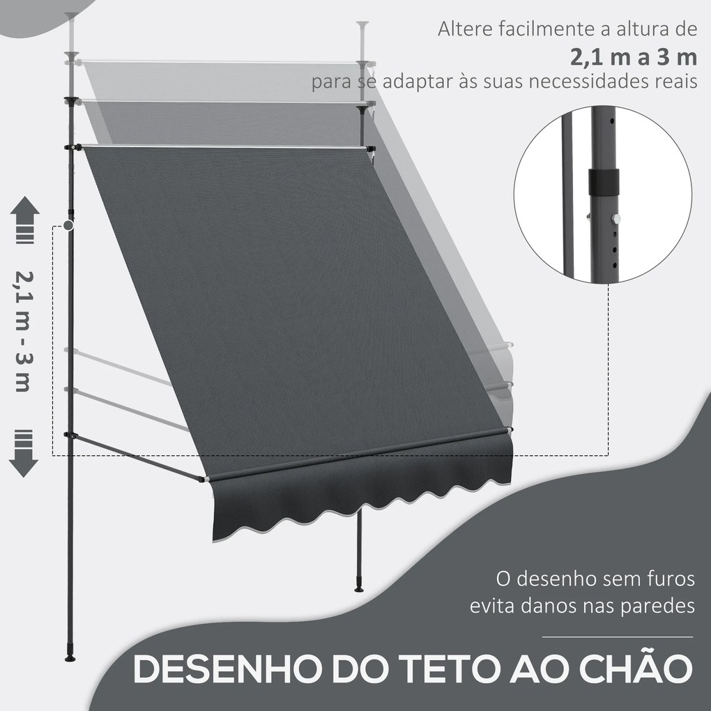 Toldo Manual Retrátil com Manivela 200x120x210-300 cm com Altura Ajustável Impermeável para Jardim Varanda Cinza Escuro