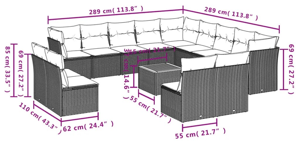 14 pcs conjunto sofás p/ jardim c/ almofadões vime PE cinzento